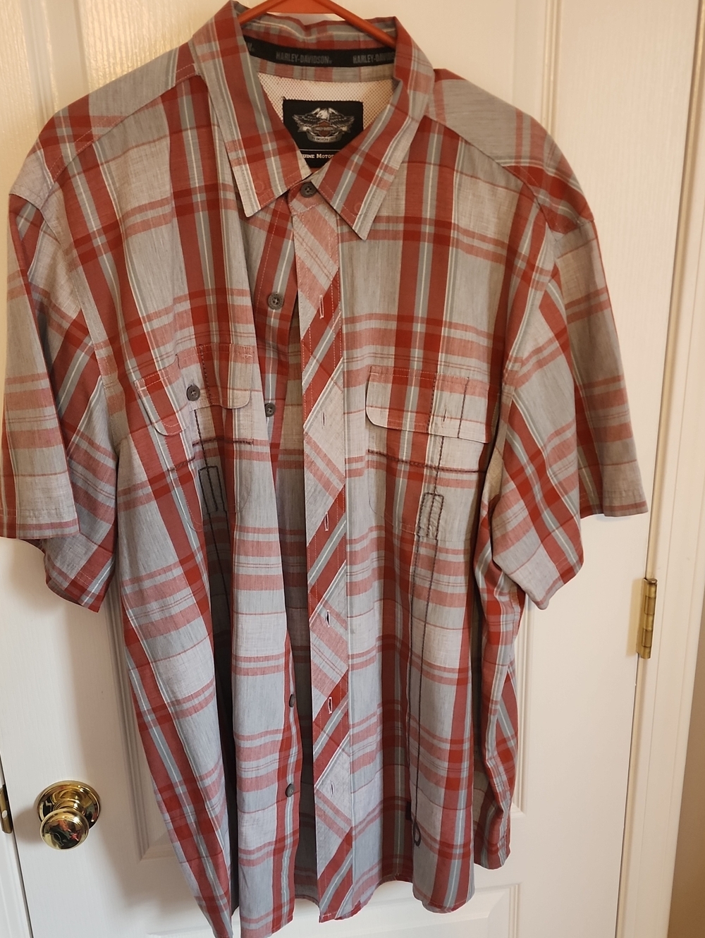Men's Harley-Davidson Short Sleeve Plaid Button-Up in Rust and Gray Size 2xl